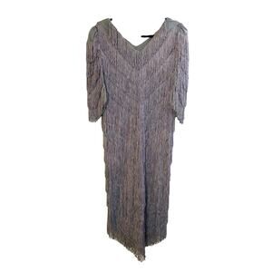 NIGHTWORKS Vintage Dusty Lavender Lilac Fringe Midi Dress 80s Glam - Sz 10